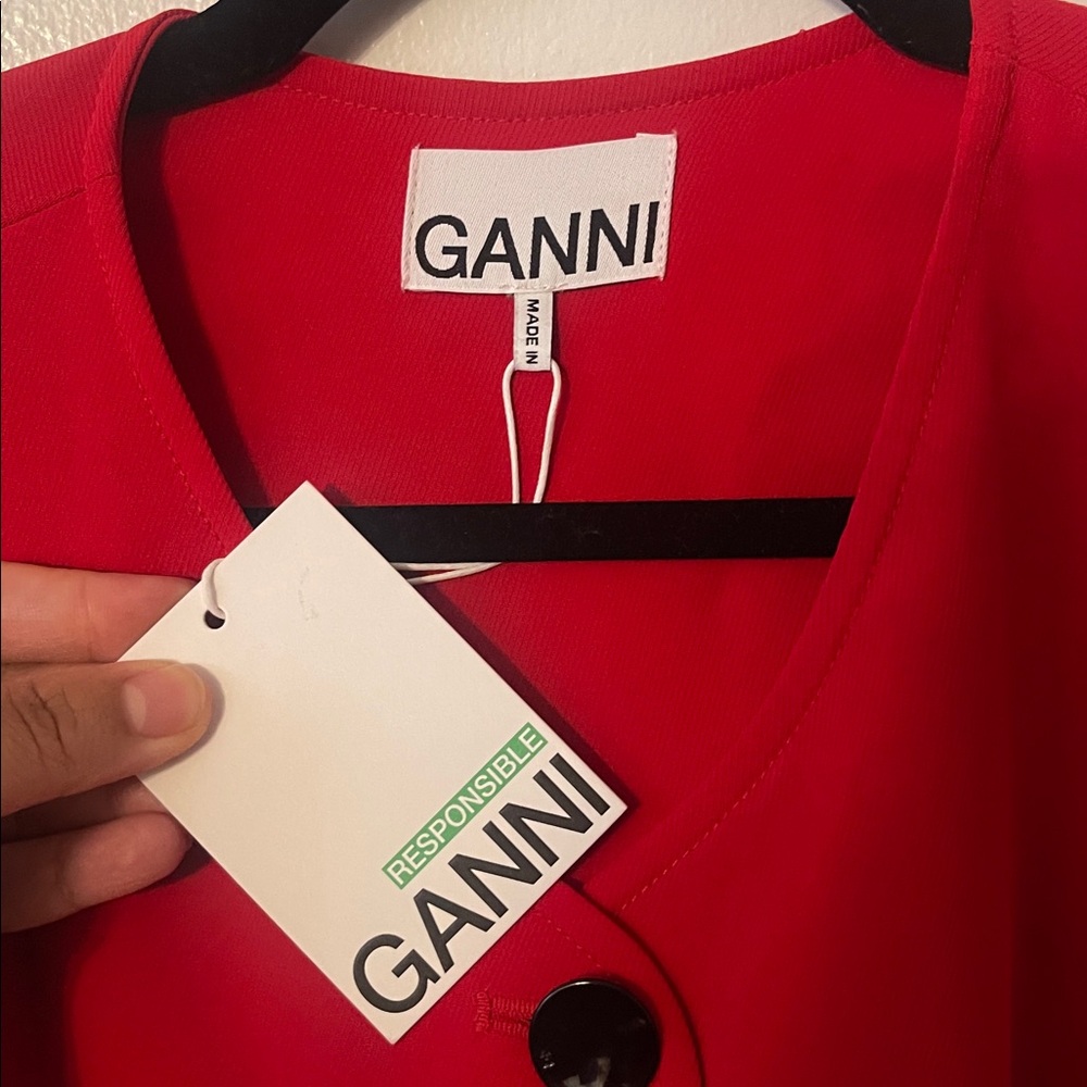 NWT Ganni Twill Mini Elegant Red Button-Down Dresa - Picture 10 of 13